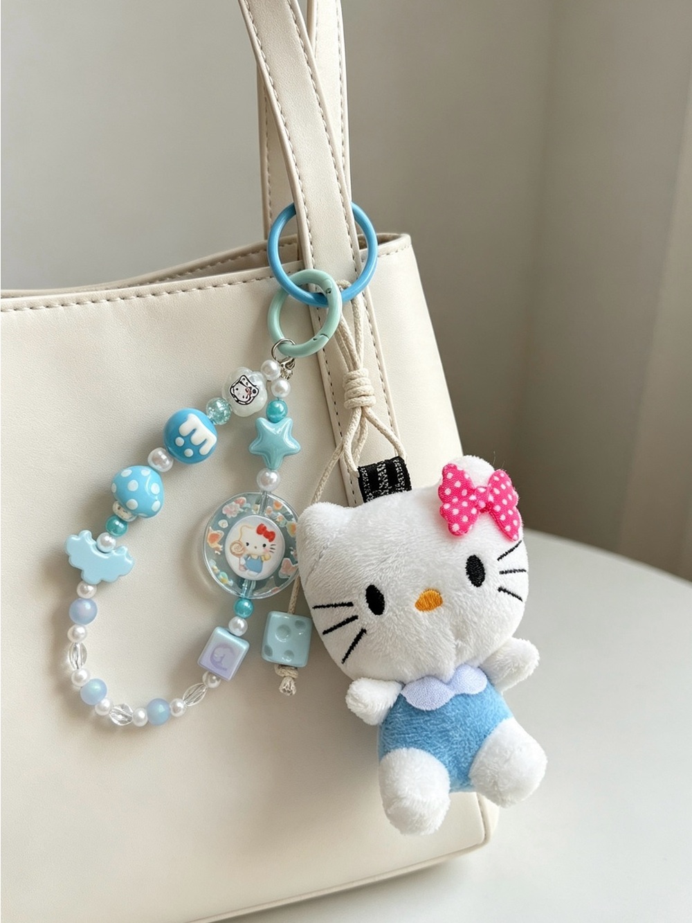 Hello Kitty Plush Keychain Bag Charm in White, Blue & Pink